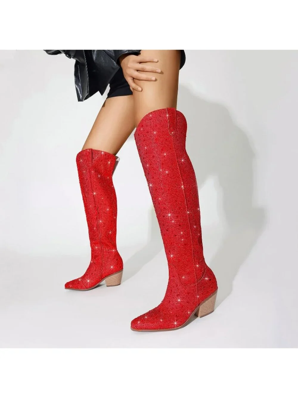 Women's Red Rhinestone Sparkly Bling Side Zippers Over the Knee High Boots